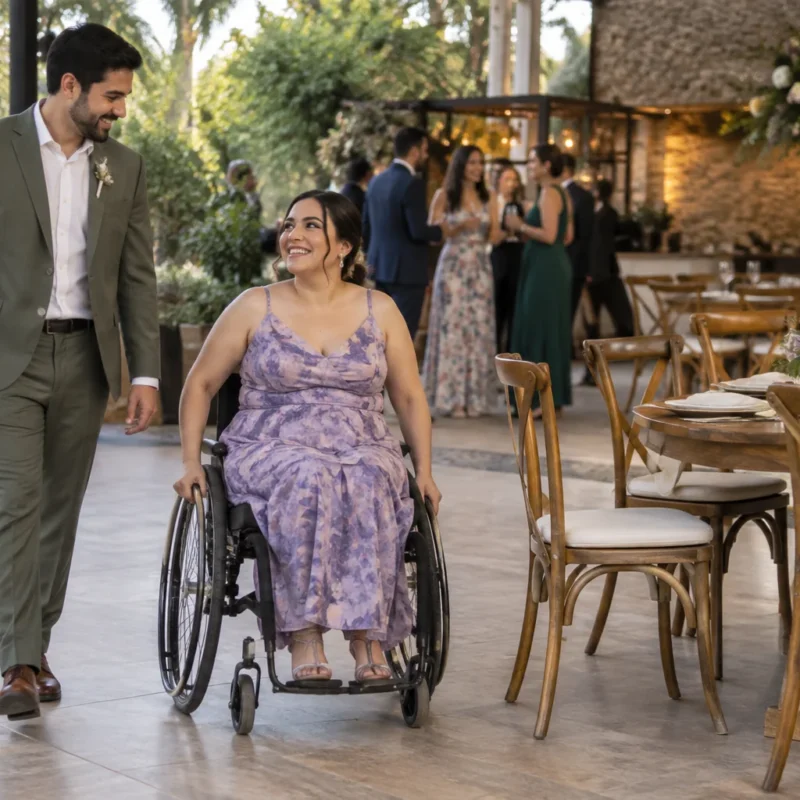 Persona usuaria de silla de ruedas llega por un acceso amplio y sin escalones.