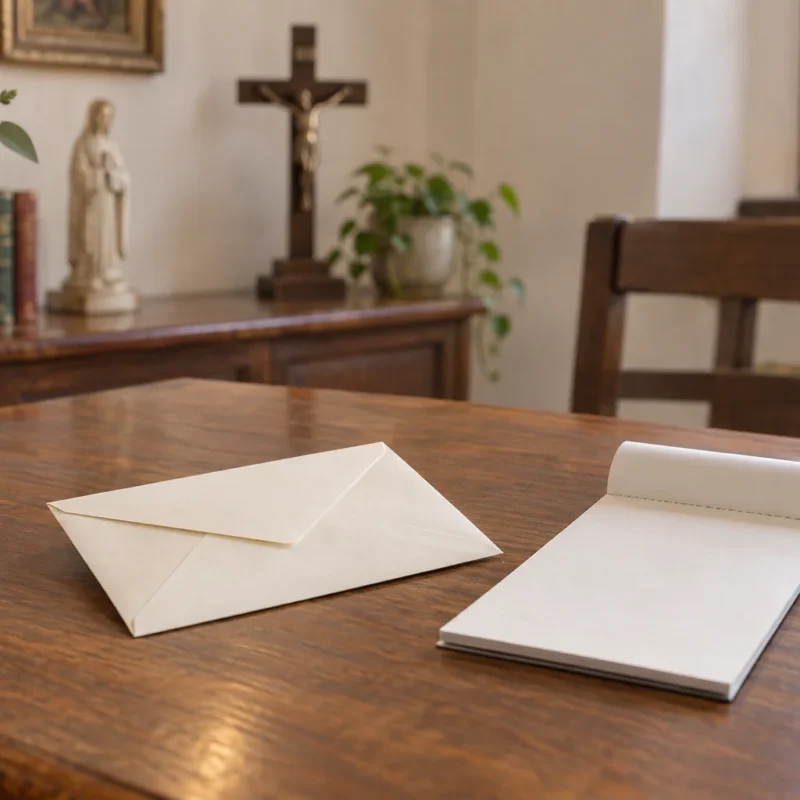 Sobre cerrado, libreta y pluma sobre un escritorio parroquial.