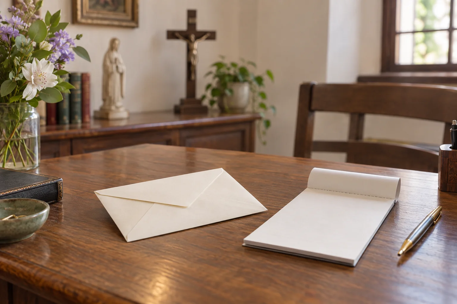 Sobre cerrado, libreta y pluma sobre un escritorio parroquial.