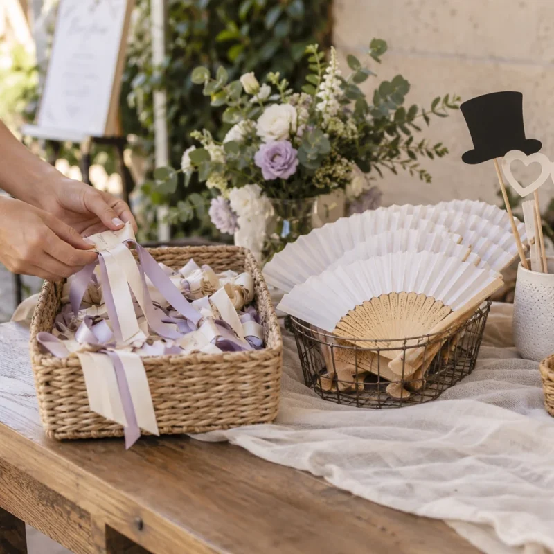 Abanicos, listones y accesorios sencillos preparados para una fiesta.