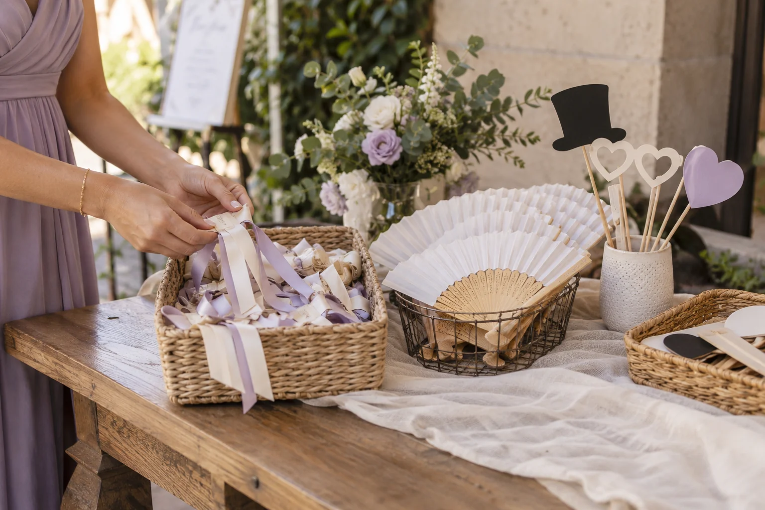 Abanicos, listones y accesorios sencillos preparados para una fiesta.