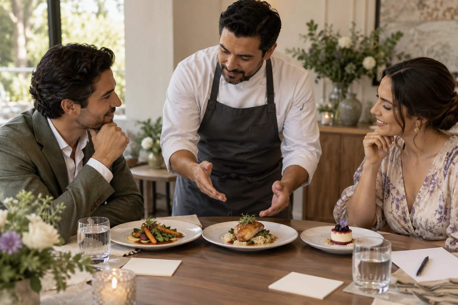 Platillos de degustación presentados a una pareja por una persona del servicio.