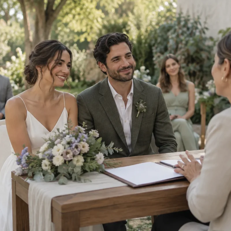 Pareja y oficiante frente a una mesa para una ceremonia civil.