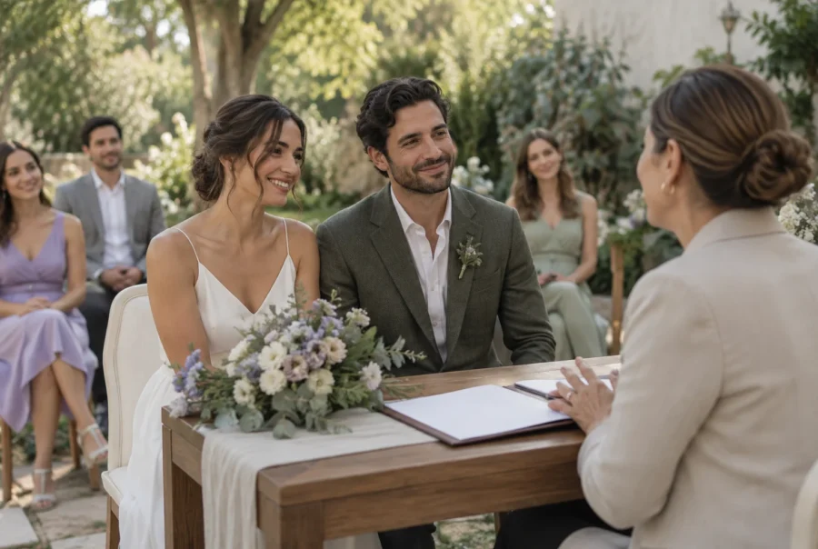 Pareja y oficiante frente a una mesa para una ceremonia civil.