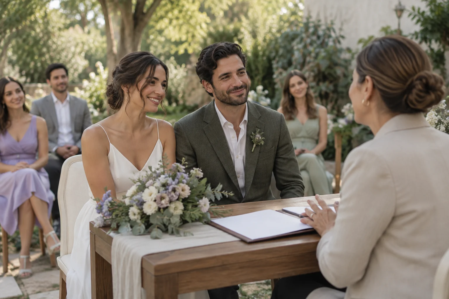 Pareja y oficiante frente a una mesa para una ceremonia civil.