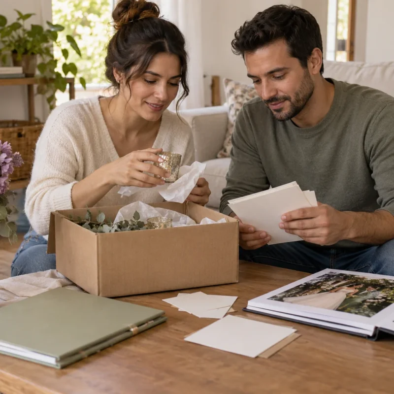 Pareja organiza objetos, tarjetas y documentos después de la celebración.