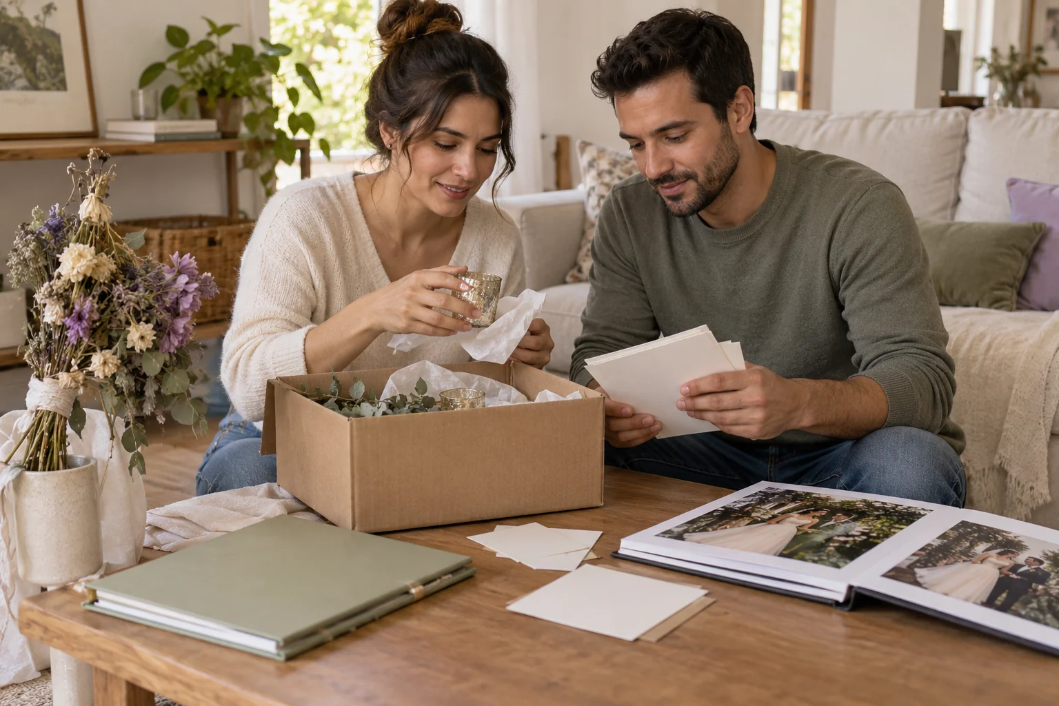 Pareja organiza objetos, tarjetas y documentos después de la celebración.