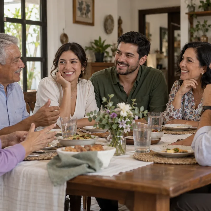 Pareja y familiares conversan alrededor de una mesa.