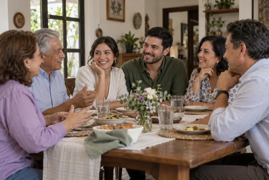 Pareja y familiares conversan alrededor de una mesa.