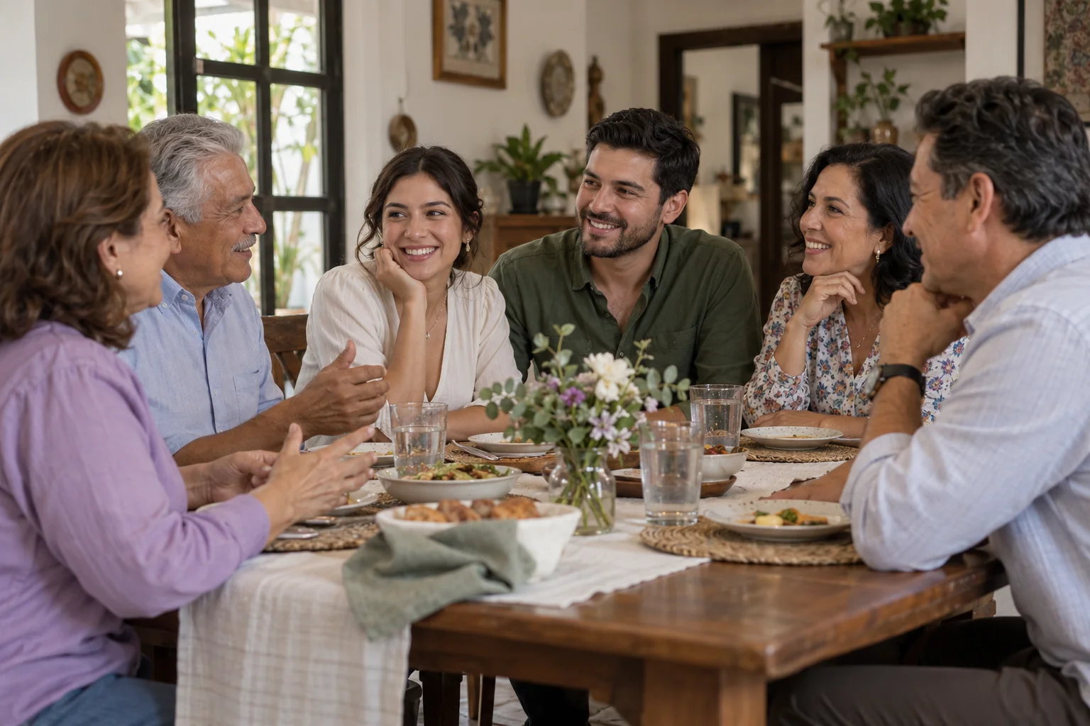 Pareja y familiares conversan alrededor de una mesa.