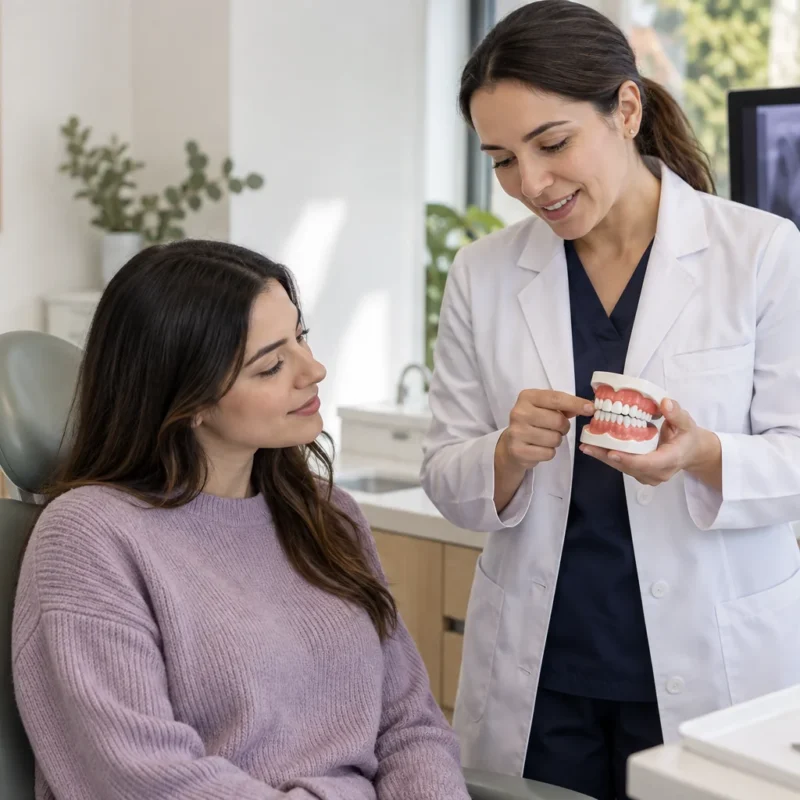 Profesional de odontología explica un modelo dental a una persona.