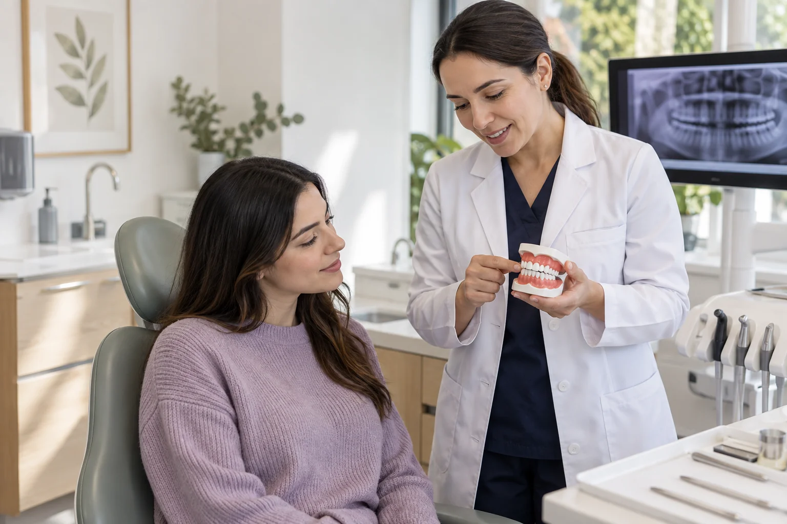 Profesional de odontología explica un modelo dental a una persona.