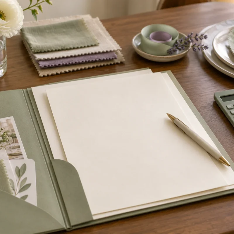 Carpeta de propuestas, muestras de tela y calculadora sobre una mesa.