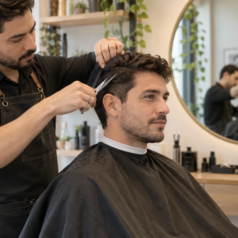 Profesional realiza un corte de cabello con peine y tijeras.