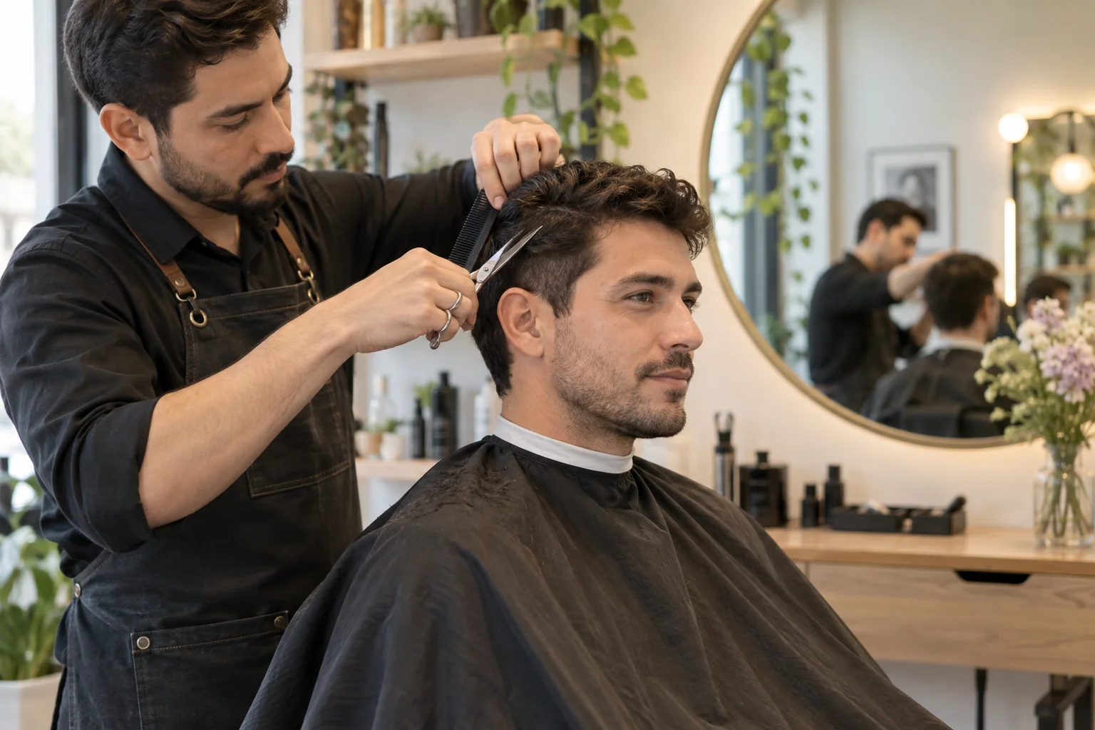 Profesional realiza un corte de cabello con peine y tijeras.