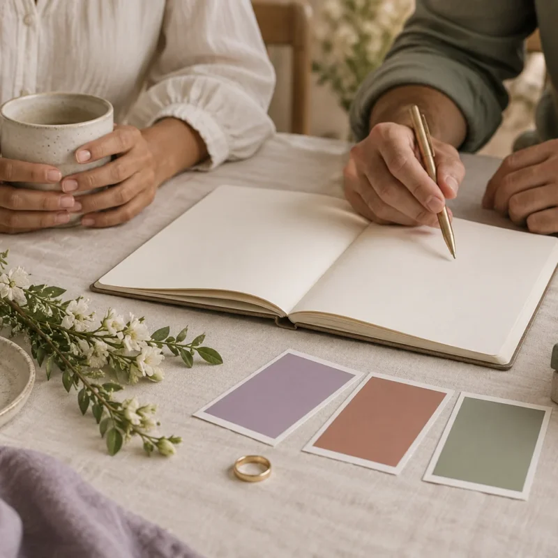 Manos de una pareja junto a un cuaderno abierto y muestras de color.