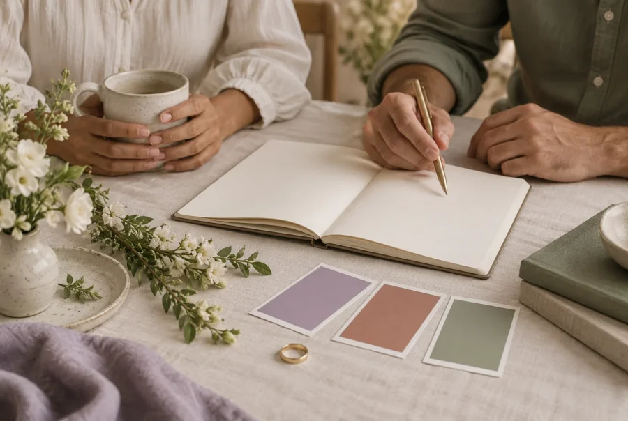 Manos de una pareja junto a un cuaderno abierto y muestras de color.