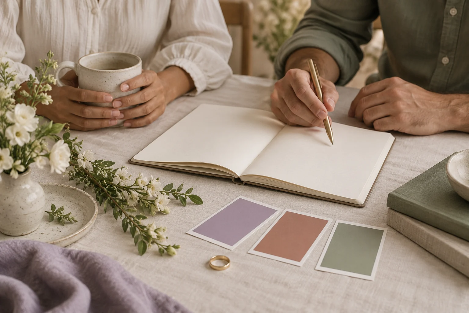 Manos de una pareja junto a un cuaderno abierto y muestras de color.