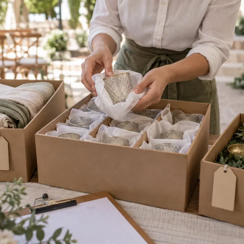 Cajas con artículos protegidos y textiles organizados para su traslado.