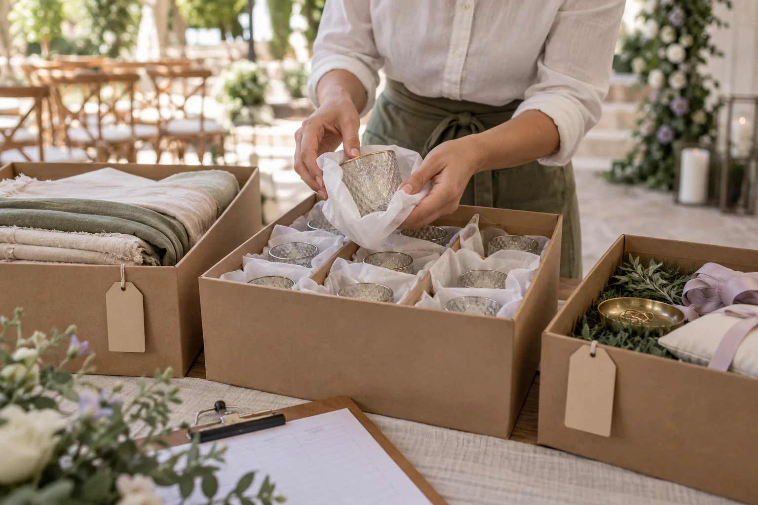 Cajas con artículos protegidos y textiles organizados para su traslado.