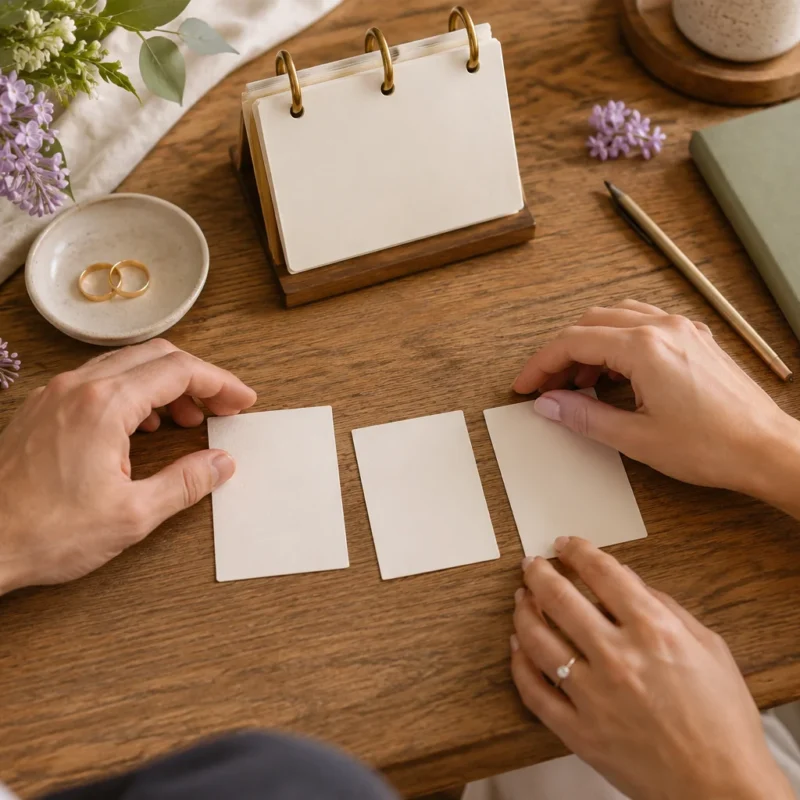 Calendario de escritorio y tarjetas junto a dos argollas.