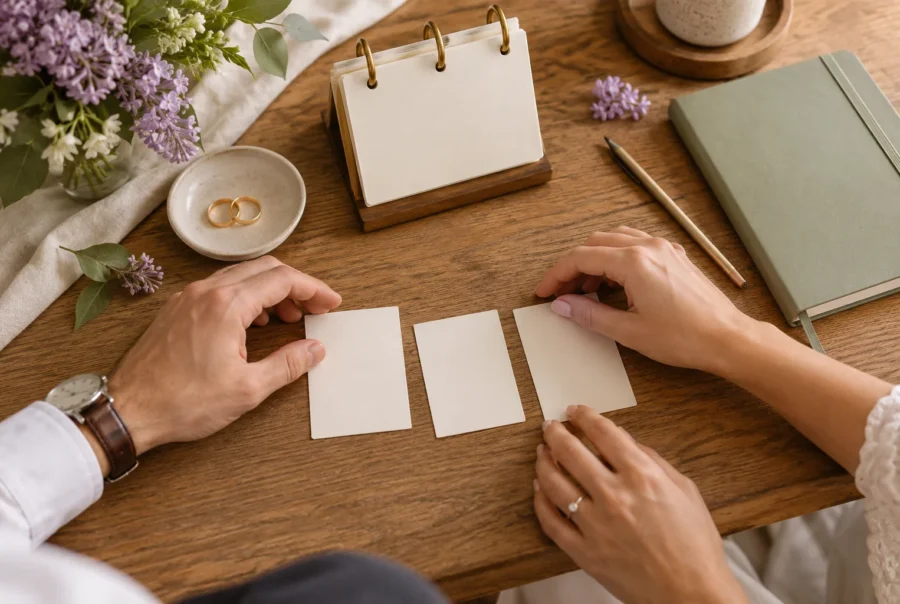 Calendario de escritorio y tarjetas junto a dos argollas.
