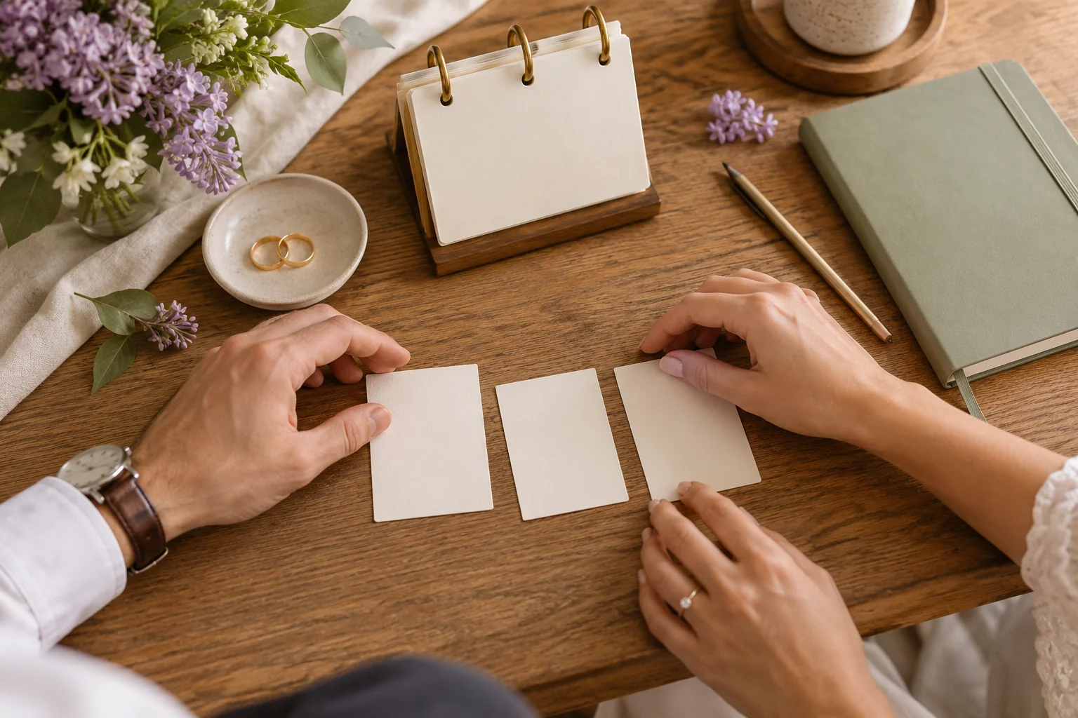 Calendario de escritorio y tarjetas junto a dos argollas.