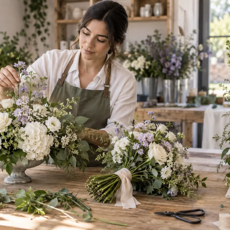 Arreglos florales de distintas alturas y un ramo sobre una mesa de trabajo.