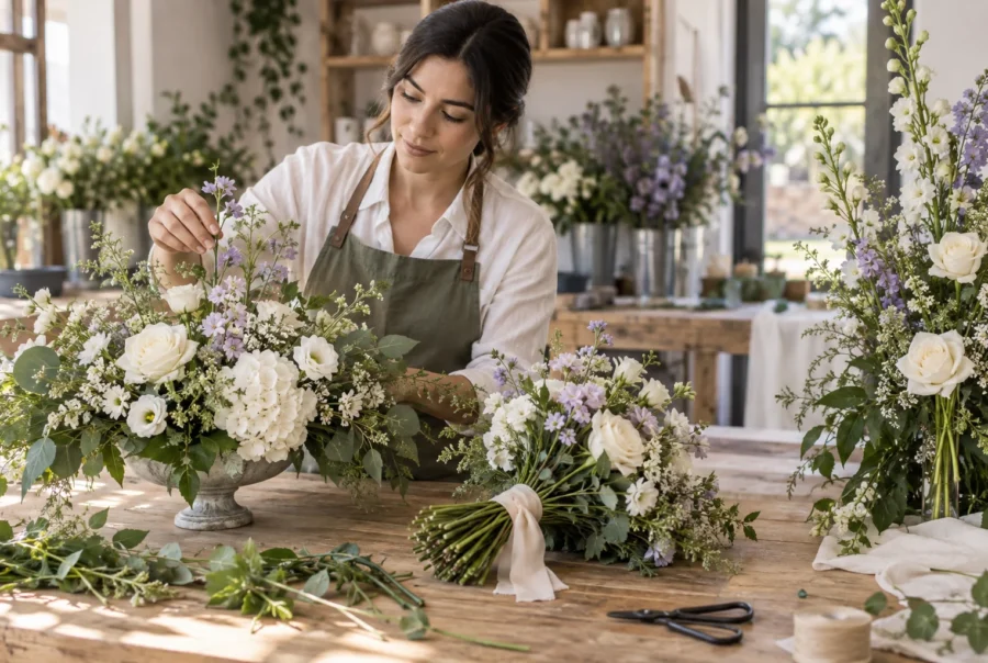 Arreglos florales de distintas alturas y un ramo sobre una mesa de trabajo.