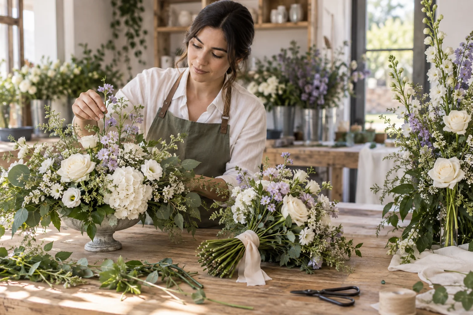 Arreglos florales de distintas alturas y un ramo sobre una mesa de trabajo.