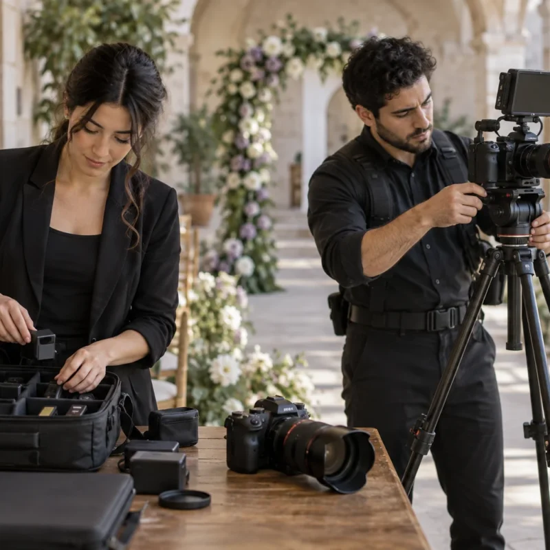 Cámaras, trípode y accesorios preparados para fotografiar un evento.