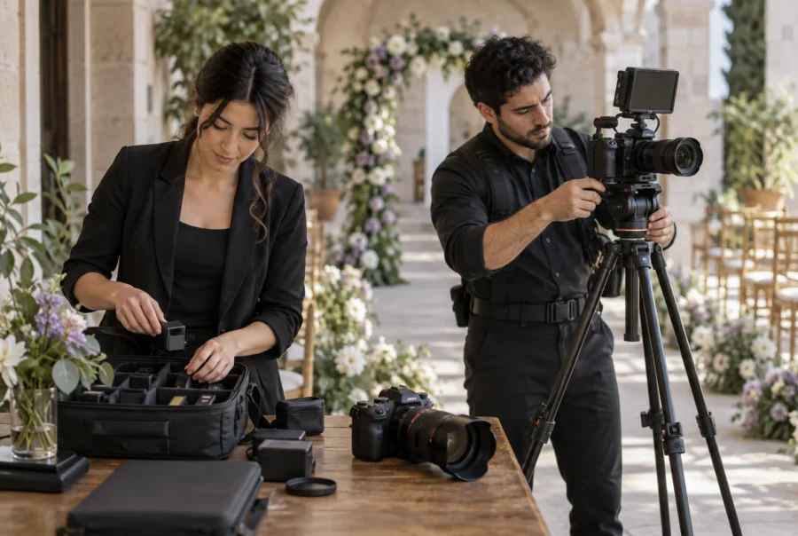 Cámaras, trípode y accesorios preparados para fotografiar un evento.