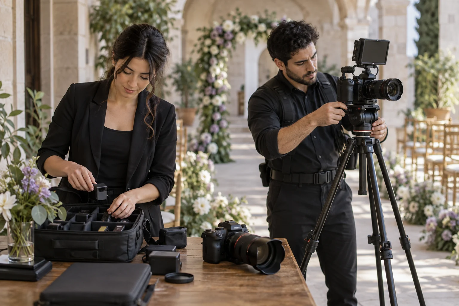 Cámaras, trípode y accesorios preparados para fotografiar un evento.