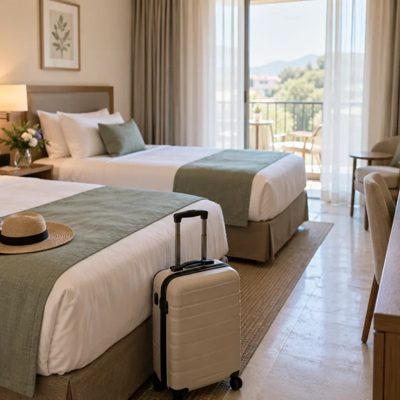 Habitación con dos camas y equipaje preparado para una estancia.