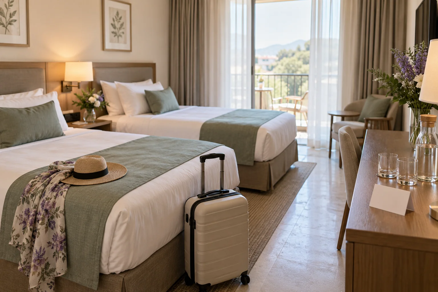 Habitación con dos camas y equipaje preparado para una estancia.