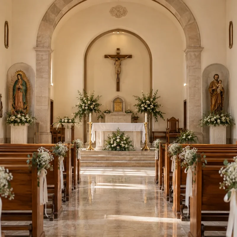 Pasillo y bancas de una iglesia con decoración floral discreta.