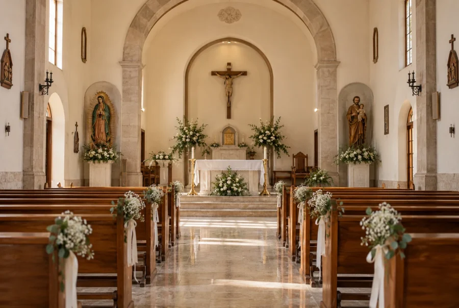 Pasillo y bancas de una iglesia con decoración floral discreta.