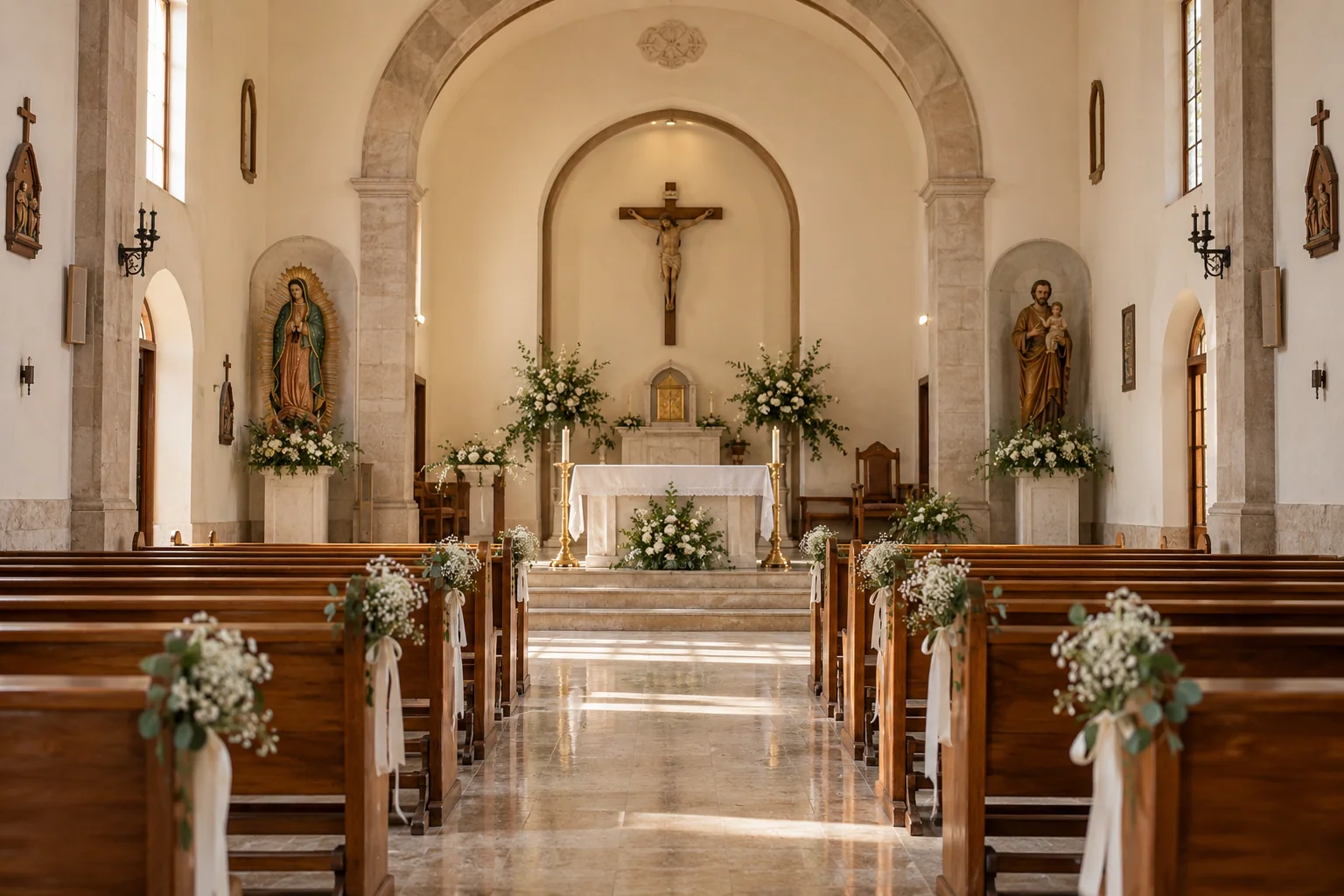 Pasillo y bancas de una iglesia con decoración floral discreta.