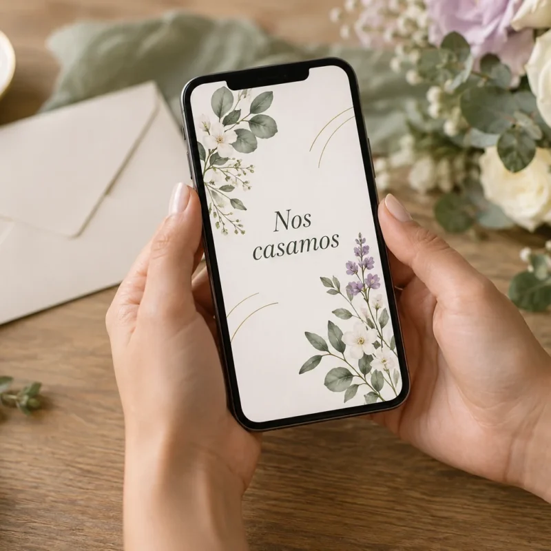 Teléfono con una invitación floral ilustrativa y el texto «Nos casamos».