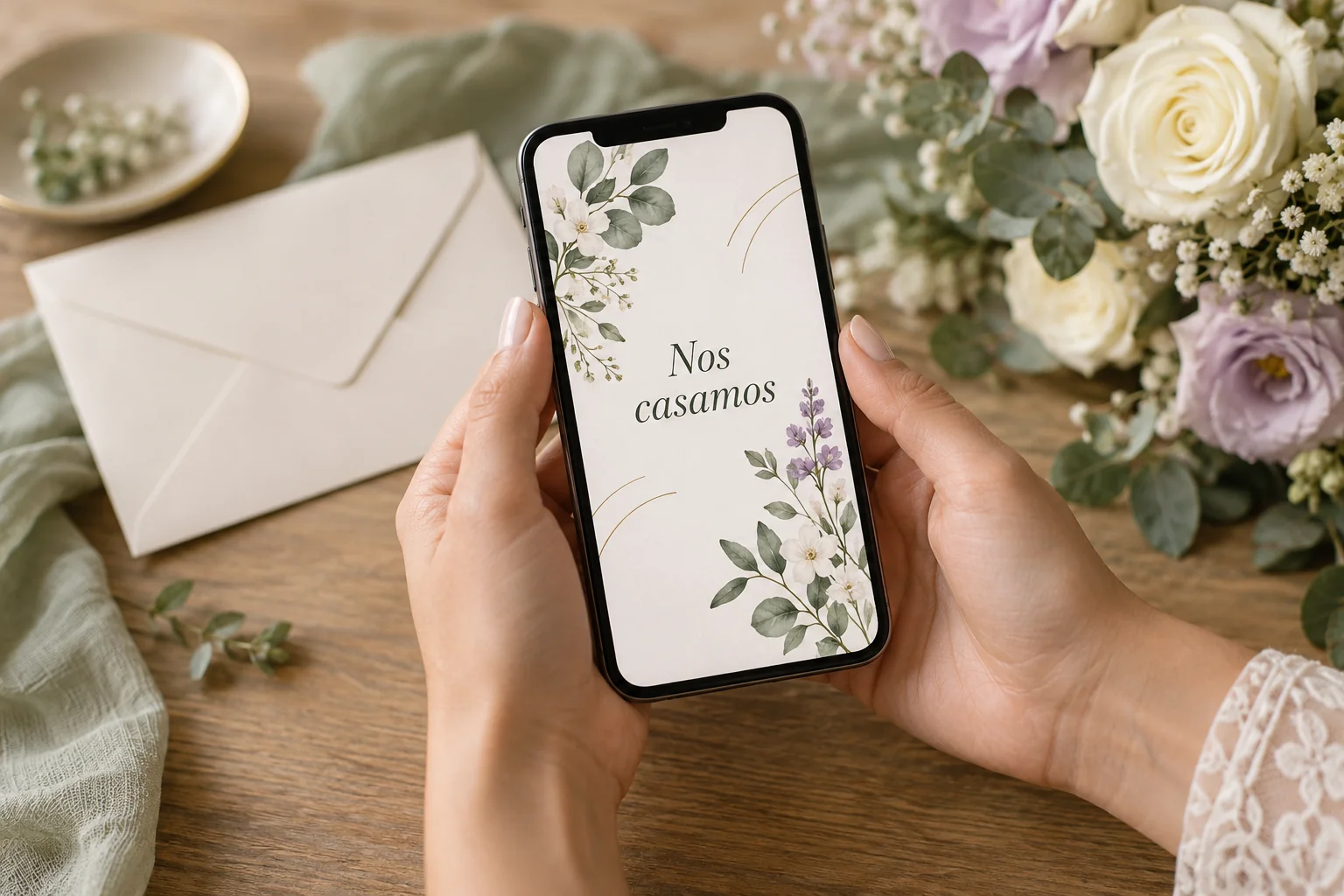 Teléfono con una invitación floral ilustrativa y el texto «Nos casamos».