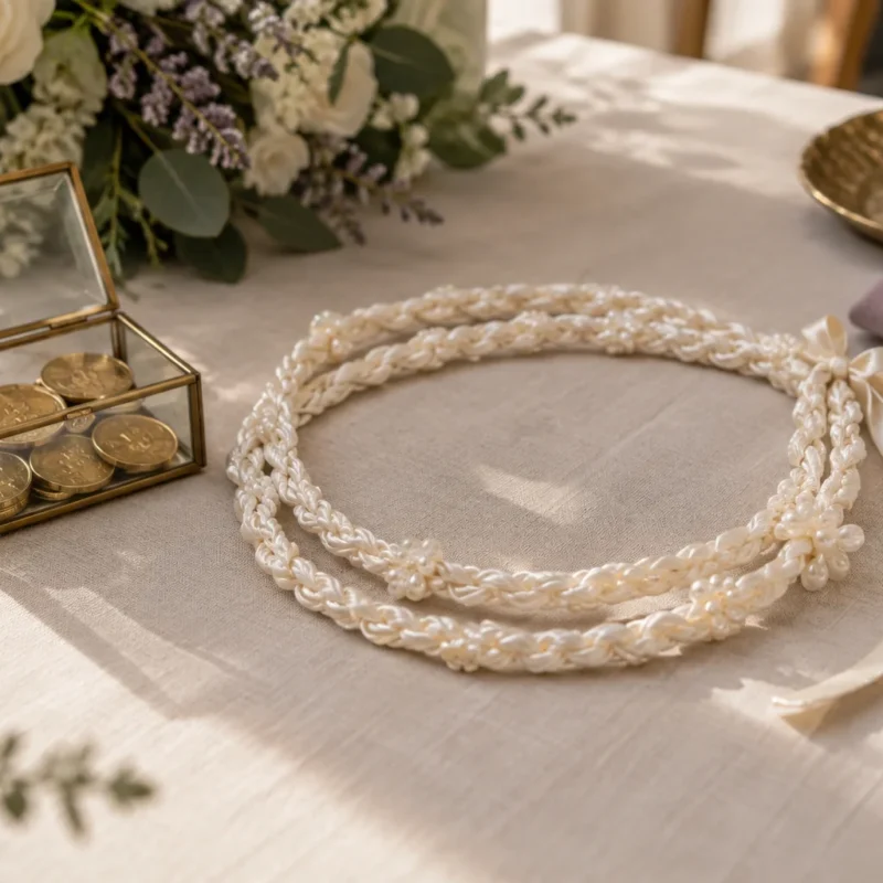 Lazo de ceremonia y caja con monedas sobre una tela clara.