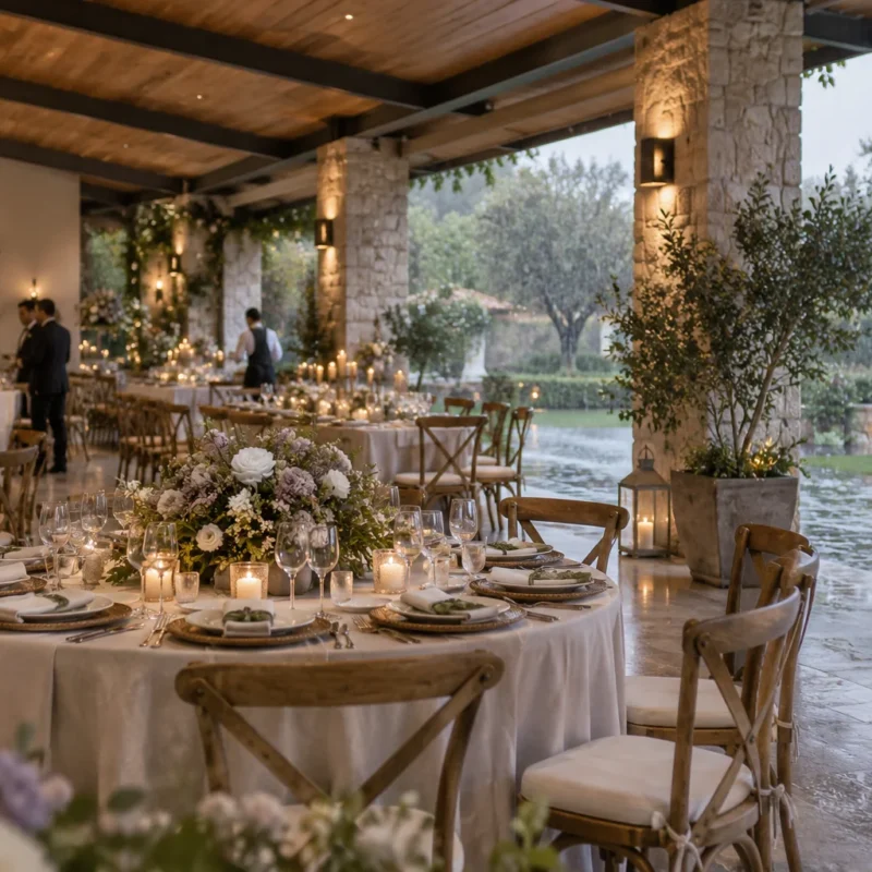 Mesas resguardadas bajo una terraza mientras llueve en el jardín.