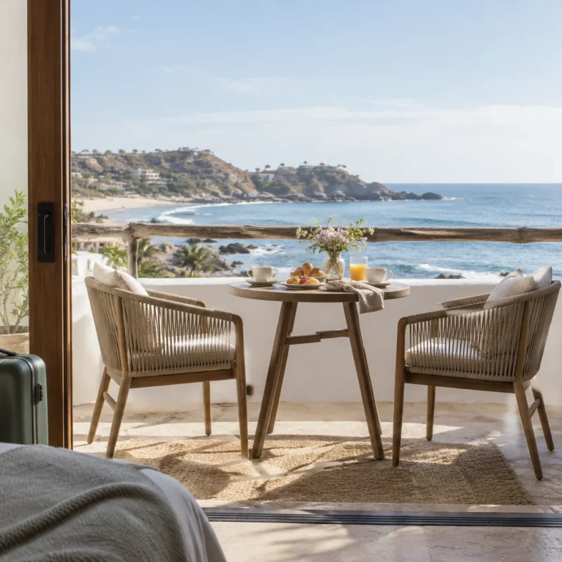 Terraza con dos asientos frente al mar y equipaje de viaje.