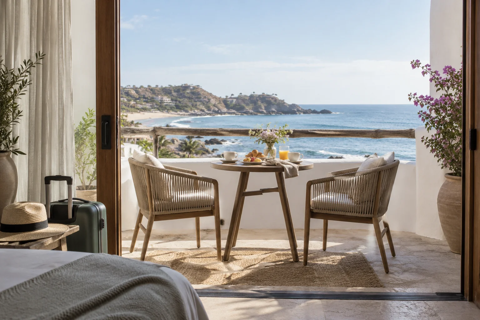 Terraza con dos asientos frente al mar y equipaje de viaje.