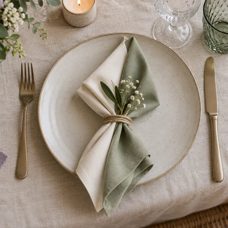 Servilletas, mantel y muestras de tela junto a un montaje de mesa.