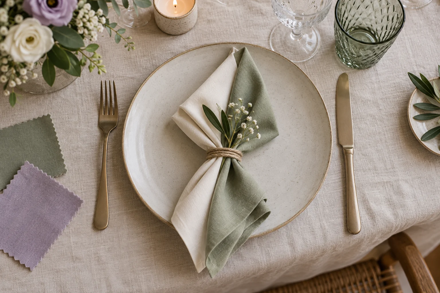 Servilletas, mantel y muestras de tela junto a un montaje de mesa.
