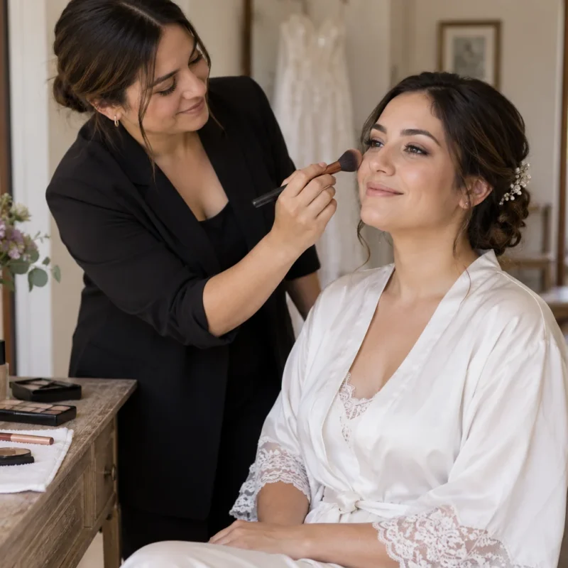 Profesional aplica maquillaje a una persona sentada frente a un espejo.