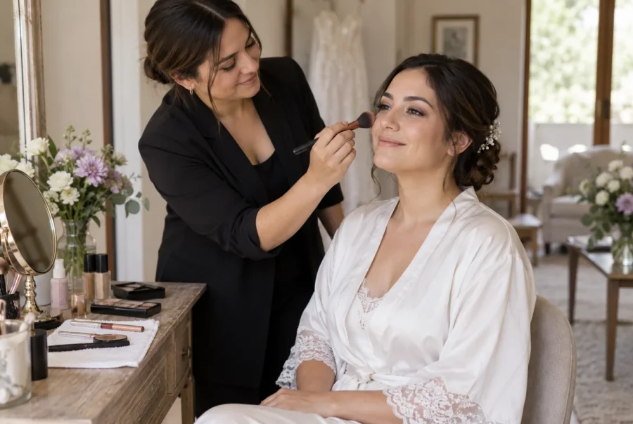 Profesional aplica maquillaje a una persona sentada frente a un espejo.