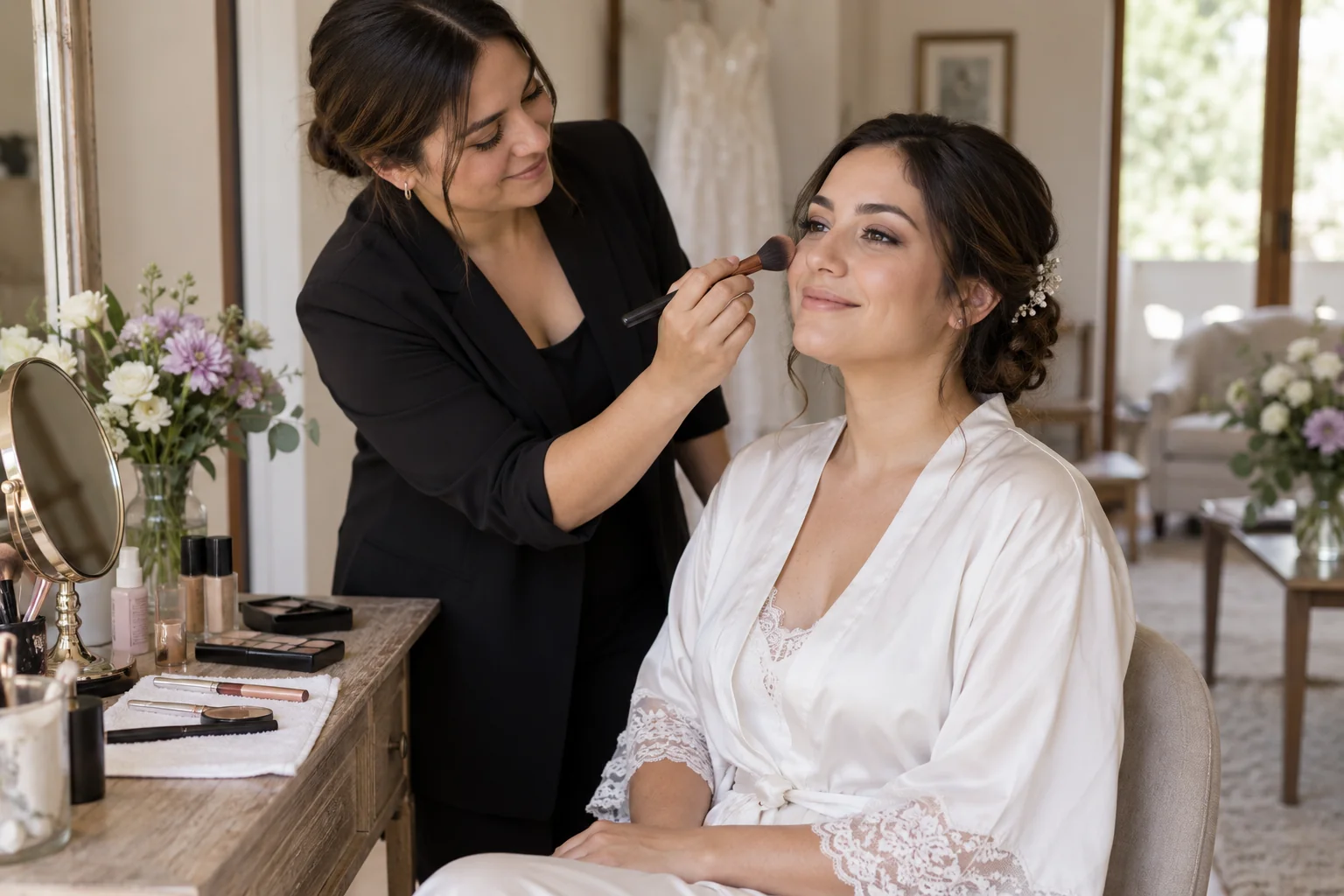 Profesional aplica maquillaje a una persona sentada frente a un espejo.