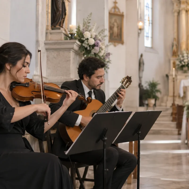 Violinista y guitarrista ensayan junto a una zona de ceremonia.